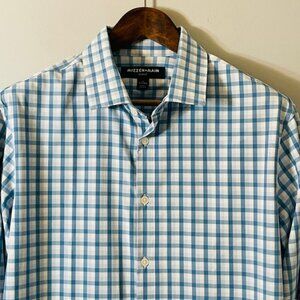 Mizzen+Main Stretch Sport Dress Shirt Leeward Trim Fit Blue Plaid Large Tall